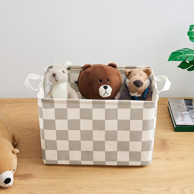 Ohocut Beige Khaki Checkered Canvas Basket, Rectangular Organizing Decorative Storage Basket for Kids Dog Toy, Cute Aesthetic Race Cars Boy Room Decor for Home, Kitchen, Bedroom, Classroom, Shelves