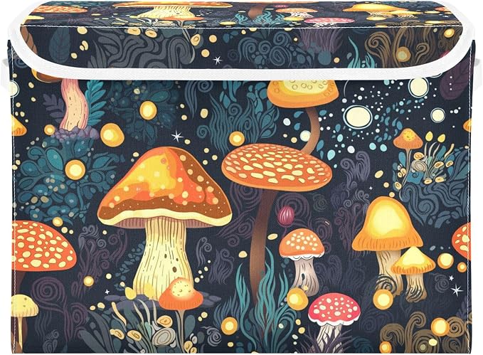 Mushrooms Storage Bins with Lids and Carrying Handle,Foldable Storage Boxes Organizer Containers Baskets Cube with Cover for Home Bedroom Closet Office
