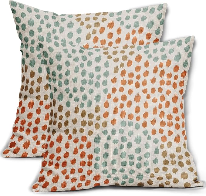 Blue Orange Brown Pillow Covers 18x18 Set of 2 Fall Colored Art Dot Decorative Throw Pillows Trendy Print Outdoor Pillowcase Holiday Seasonal Cushion Cover Linen Pillow Case Decor for Sofa Couch Bed