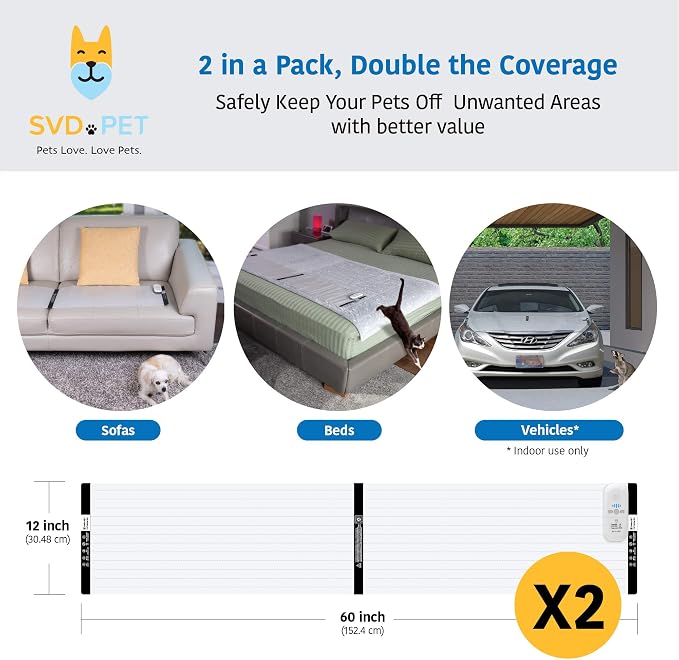SVD.PET 2-Pack Pet Training Mat with Tester, Shock Pad for Dogs Cats, Electronic Repellent mat for Indoor, 3 Training Modes, 5 Levels, Pet Safe Mode (White controler 60" X 12")