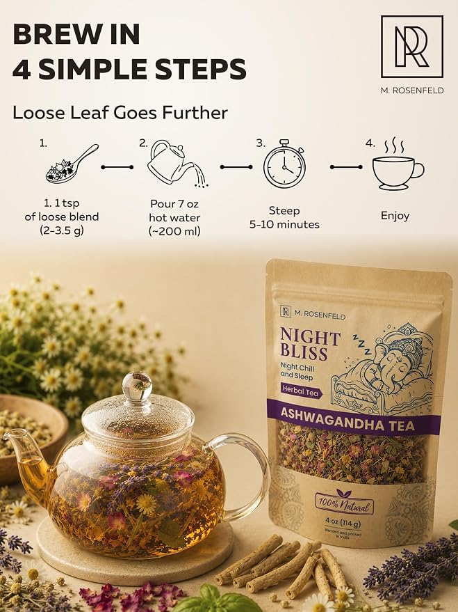 Night Bliss Tulsi Ashwagandha Tea Loose Leaf - Evening Ritual Herbal Blend for Sleep Support & Relaxation - Caffeine Free with Holy Basil, Chamomile, Lemongrass & Lavender, 4 oz