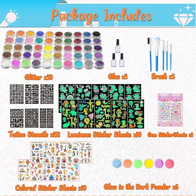 TEUVO Kids Glitter Tattoo Kit with 50 Colors Glitter Powder, 132 Stencils, 10 Luminous Sticker, 6 Glow-in-the-Dark Powder, Body Face Glitter Makeup Temporary Tattoos for Halloween Christmas Birthday