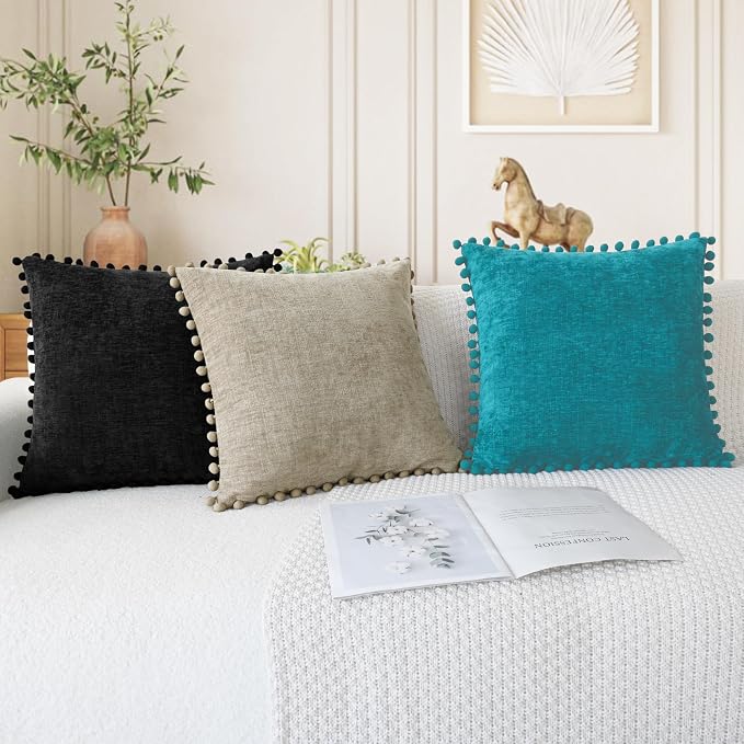 CaliTime Decorative Couch Throw Pillow Covers 16 X 16 Inches Lake Blue | Pack of 2, Cozy Chenille Cushion Cases, with Pom Poms for Sofa Bed Living Room Farmhouse Home