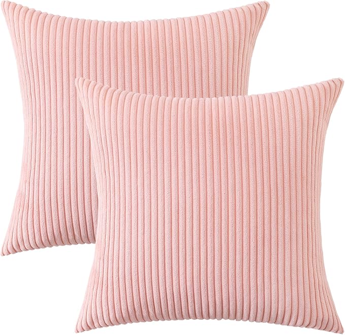 Mecatny Corduroy Decorative Throw Pillow Covers 22x22 Set of 2 Pink | Soft Striped Texture, Hidden Zipper Design, Neutral Boho Square Pillow Cases for Sofa Couch Living Room Bedroom, Home Décor