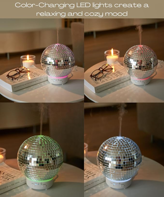 Mirror Ball Diffuser – Cute Essential Oil Diffuser and Humidifier for Home, 2 Timer Modes, Mirror Ball Eclectic & Maximalist Room Decor, Disco Gift