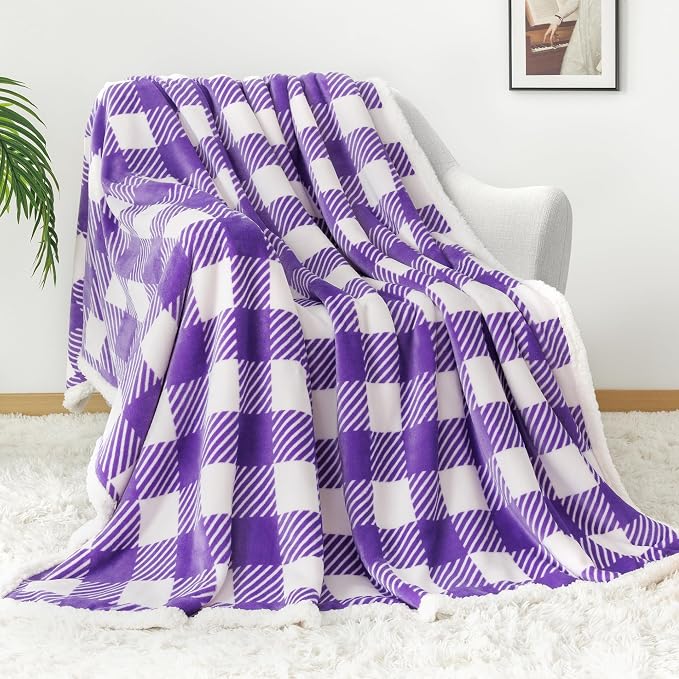 Sherpa Plaid Twin Blanket 60" X 70", Fuzzy Fluffy Soft Cozy Throw Blanket, Twin Size Plush Fleece Flannel Plush Microfiber Blanket for Couch Bed Sofa (PurpleWhite)
