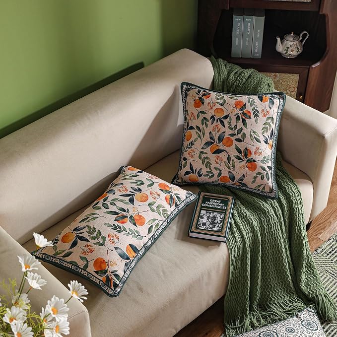 patdrea Vintage Linen Throw Pillow Cover,18"x18",Set of 2-Palladin A | Elegant Decorative Pillow Case,Orange Citrus Fruit Print,Pillow Cover for Couch Living Room Bedroom Sofa