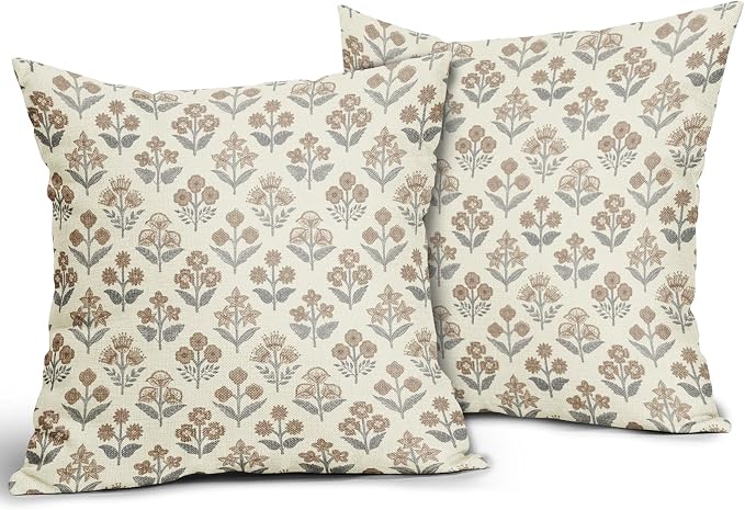 Brown Grey Gray Floral Block Print Pillow Covers 20x20 Inch Set of 2, Vintage Flower Pattern Decorative Throw Pillowcases Outdoor Farmhouse Cushion Covers Spring Summer Rustic Sofa Couch Bed Decor
