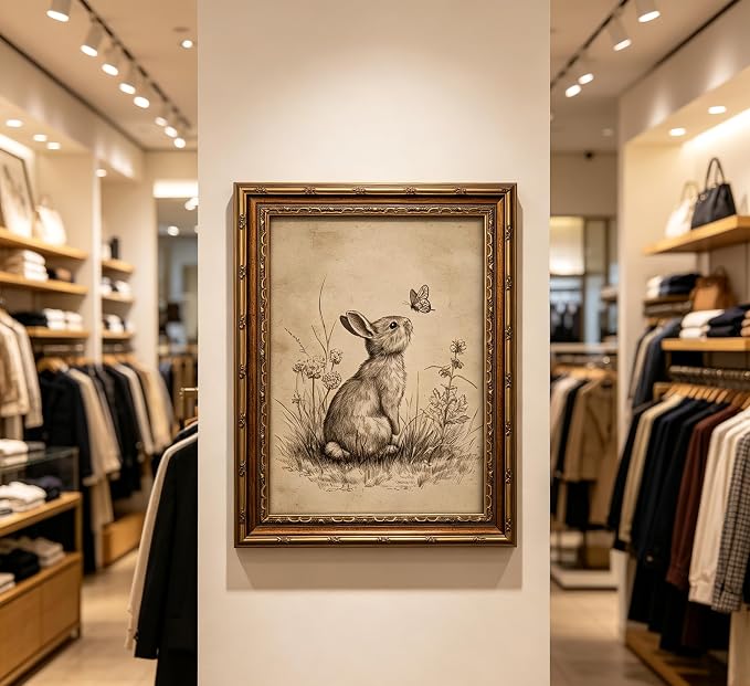Vintage Gold Framed Bunny Easter Wall Art Rabbit and Butterfly Painting Canvas Prints Country Botanical Wildflowers Sketch Picture Rustic Farmhouse Poster Artwork for Living Room Bedroom Bathroom