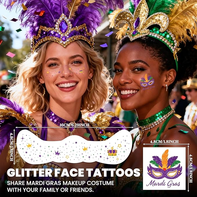 EMOME Mardi Gras Decorations, Mardi Gras Freckles Face Tattoos with Body Glitter Temporary Tattoo Stickers, Mardi Gras Costume Outfit Makeup Accessories Carnival for Women, Girls, Party Favors