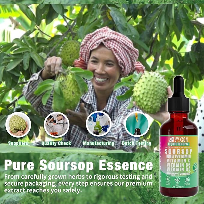 Vyxion Soursop Bitters Liquid, Soursop Multivitamin Drops - 2000mg 10:1 Extract from Fruit & Leaf, Vitamin B6, C, D3, Graviola Liquid Drops | Vegan, Non-GMO | 2 Fl Oz
