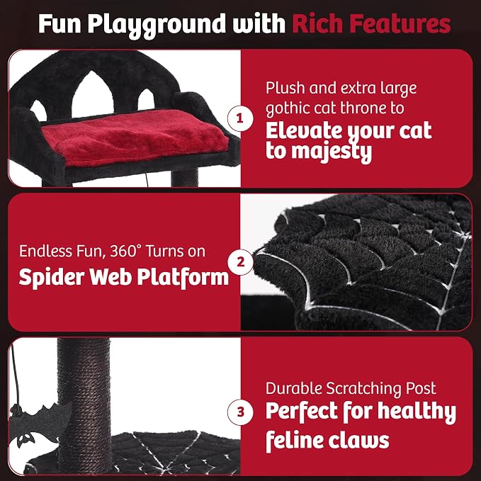 Gothic Cat Tree - 28in Black Cat Condo with Regal Throne Bed, Spooky Hanging Bat and Durable Sisal Scratching Post - Goth Cat Tree for Majestic Rest