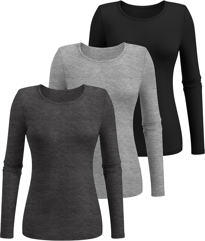 Ficerd 3 Pack Women's Ribbed Long Sleeve Tops, Crew Neck Slim Fit Undershirts Knit Basic Casual Stretch Layering Tee Shirts