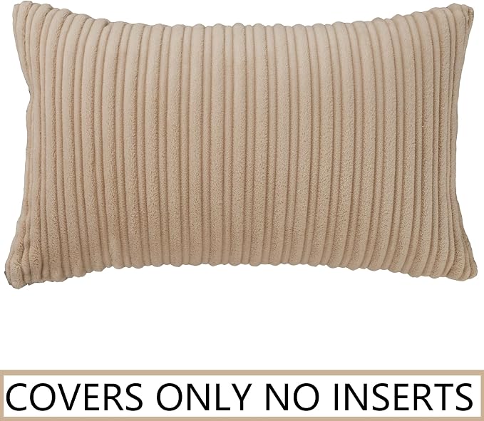 UGASA 14x24 Inch Pillow Cover Pack of 1 Soft Boho Stripe Corduroy Long Rectangular Lumbar Cushion Cover Farmhouse Decorative Throw Pillowcase for Bed, Couch, Sofa, Bedroom, Living Room, Beige