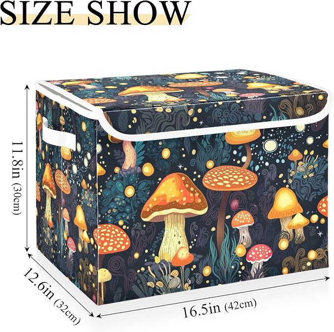 Mushrooms Storage Bins with Lids and Carrying Handle,Foldable Storage Boxes Organizer Containers Baskets Cube with Cover for Home Bedroom Closet Office