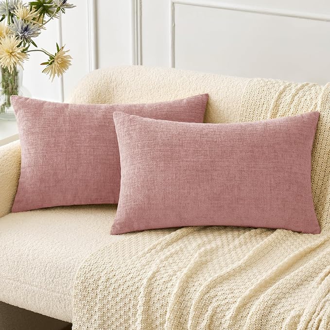MIULEE Soft Chenille Lumbar Throw Pillow Covers Blush Pink 12x20 Pack of 2 | Modern Home Decor, Classic Decorative Pillows, Solid Dyed Cases, Boho Couch Cushion Covers for Sofa Bed Living Room