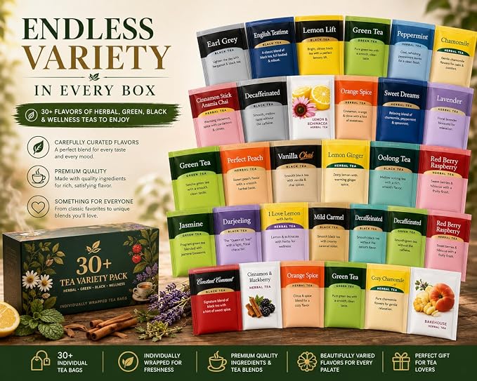 Generic Perfect Tea 48 Variety Pack Sampler Assorted Tea Bags | Black, Green, Decaf & Herbal Teas | Tea Gift Set, Office Breakroom