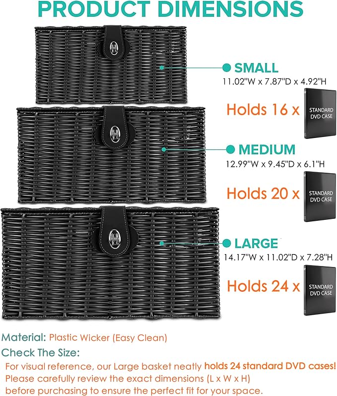 Set of 3 Woven Wicker Storage Basket Box with Lids & Lock, Built-in Carry Handles, Multifunctional Storage Organizer for Nursery, Baby, Clothes, Toys, Books, Large/Medium/Small Size (Black)