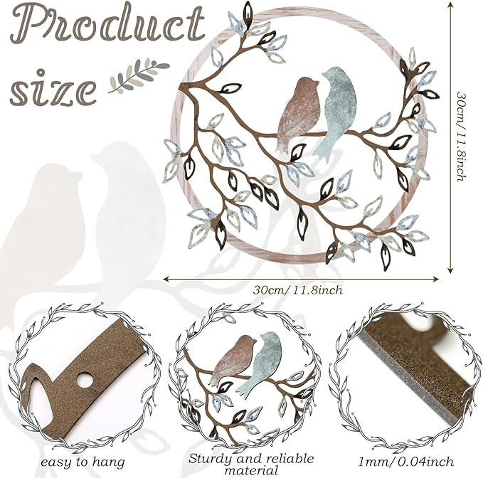 Ferraycle Metal Wall Art Bird on Tree Branch Silhouette Bird Hanging Ornament Porch Wall Decor for Living Room Outdoor Garden Bedroom Office Housewarming Party Decoration(Fresh Color)