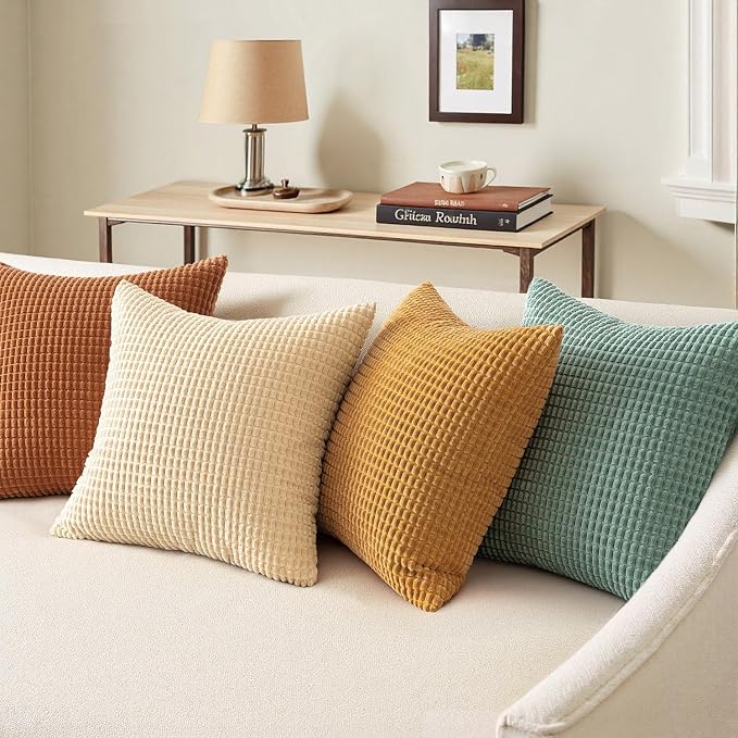 MIULEE Boho Decorative Pillow Covers 16x16 Inch Set of 4 Orange/Teal | Rustic Modern Fall Home Decor, Couch Throw Pillows, Autumn Corduroy Pillowcases for Sofa Living Room Bed