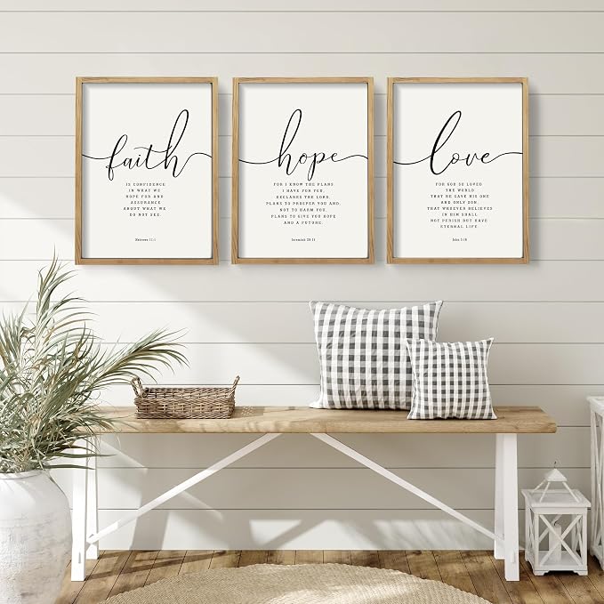 Houmury Set of 3 Framed Farmhouse Bible Verses Wall Decor Sign 11”x14” Christian Faith Scripture Wall Art for Home Bedroom Wall Decor (11"x14" Brown)