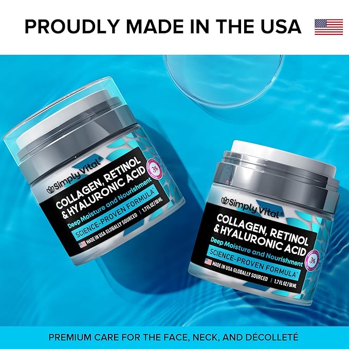 SimplyVital Anti-Aging Collagen Retinol Cream for Face, Neck & Décolleté with Hyaluronic Acid - Made in USA, Daily Collagen, Retinol & Hyaluronic Acid Cream, 2-Pack