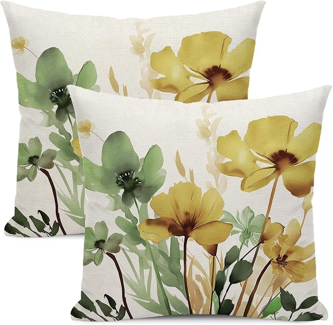 Floral Pillow Covers 16x16 Inch Set of 2 Sage Green Yellow Floral Throw Pillow Cover Outdoor Modern Spring Summer Flower Decoration Pillowcase Farmhouse Decorative Cushion Cover For Home Couch