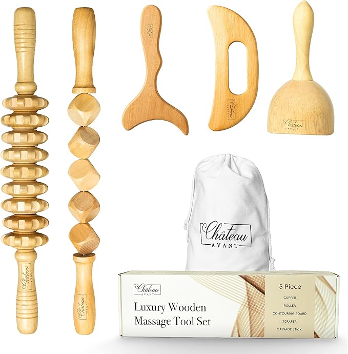 Château Avant Luxury Wooden Massage Tool Set, 5-Piece Lymphatic Drainage & Sculpting Kit – Cupper, Roller, Contouring Board, Scraper & Rope Roller