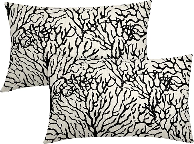 Nautical Coastal Coral Lumbar Pillow Covers 12x20 Inch Set of 2 Summer Ocean Beach Black White Decorative Pillow Cases Outdoor Linen Cushion Cover Farmhouse Decor for Bedroom Home Sofa Couch Bed