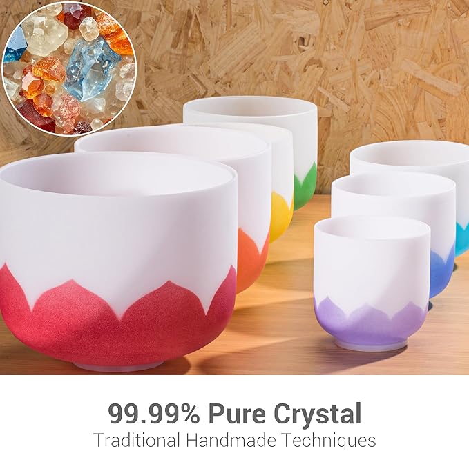 432Hz 6-12 Inch Set of 7 Lotus Quartz Crystal Singing Bowls with Gradient Colored Design, 2 Travel Carry Case Bags and Resonance Striker for Meditation and Sound Therapy