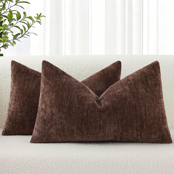 decorUhome Soft Chenille Reddish Brown Throw Pillow Covers 12X20 Set of 2 | Decorative Fall Couch Pillow Covers Solid Dyed Accent Modern Farmhouse Neutral Rectangle Pillow Cases for Sofa