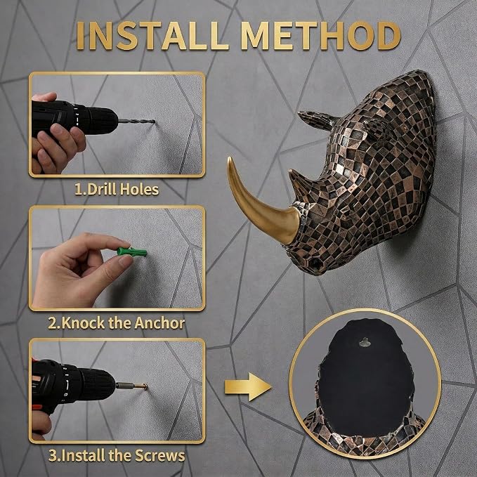 GIGICICI 9.2x4.7-Inch Vintage Mosaic Rhino Head Wall Sculpture Art Mount Statue for Room Bedroom Office Living Decor(Brown)