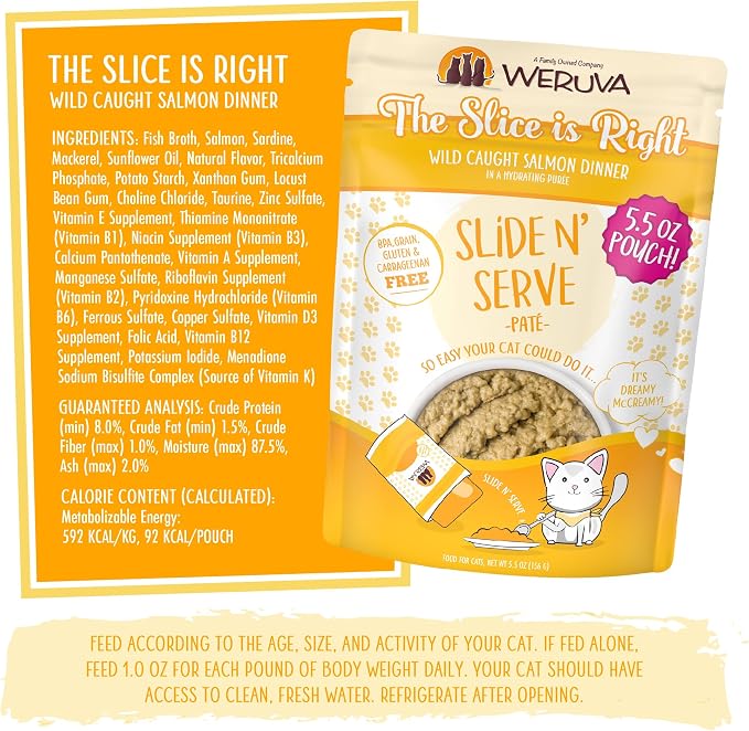 Weruva Wet Cat Food, The Slice is Right with Wild Caught Salmon Pate, 5.5oz Slide N Serve Pouch, Pack of 12