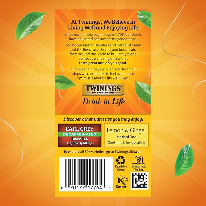 Twinings Decaffeinated Lady Grey Black Tea Individually Wrapped Bags, 20 Count (Pack of 6), Orange Peel & Lemon Peel, Enjoy Hot or Iced, 120 Teabags