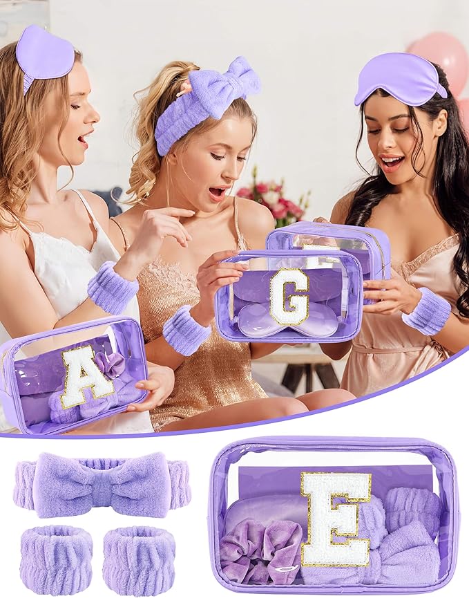 Gift Sets for Women, Initial Makeup Bag with Makeup Brush Set Bachelorette Party Favors, Purple Spa Kit with Skincare Headbands Wrist Bands Sleepover Party Supplies Gifts for Teen Girls Bridesmaid E