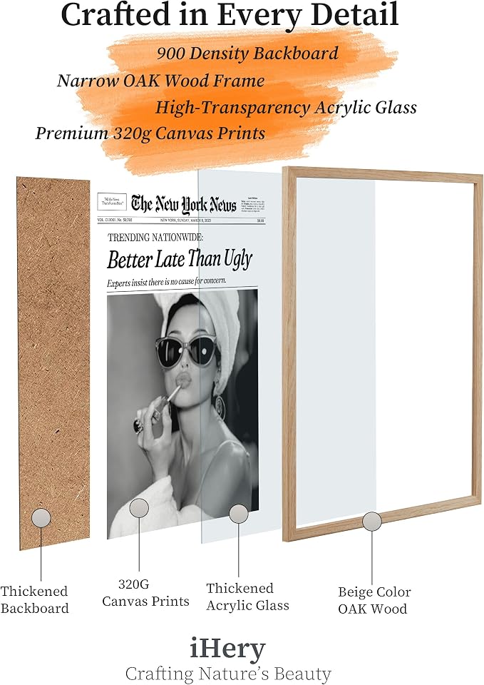 iHery 16x20in Audrey Hepburn Better Late Than Ugly Framed Bathroom Art | Natural OAK Wood Frame with Canvas Print, Vintage Fashion Wall Decor for Bathroom, Bedroom, Apartment and Girl Dorm, 1Pack