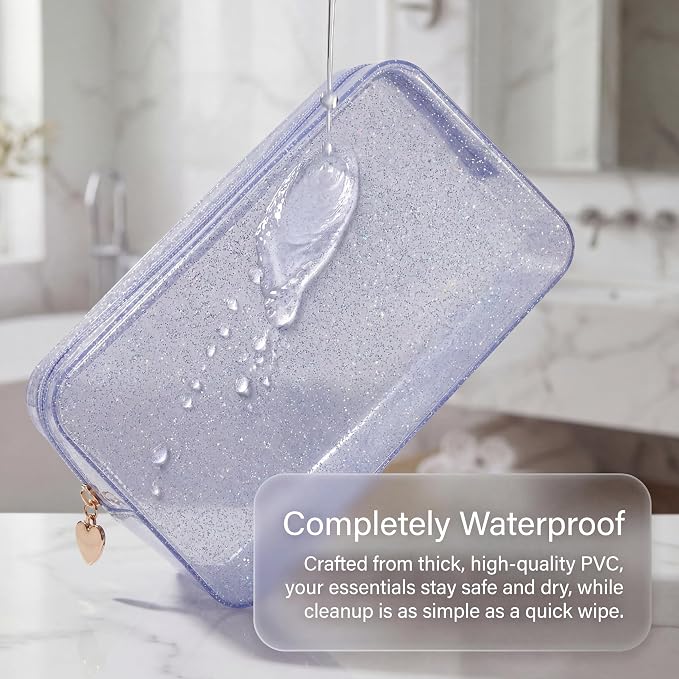 RSRSLEII Stardust Twinkle Jelly Travel Makeup & Toiletry Bag, Waterproof PVC Cosmetic Bag/Case for Women，Zipper SPF Beach Bag for Sunscreen Skincare and Daily Essentials (06Silver-Large)