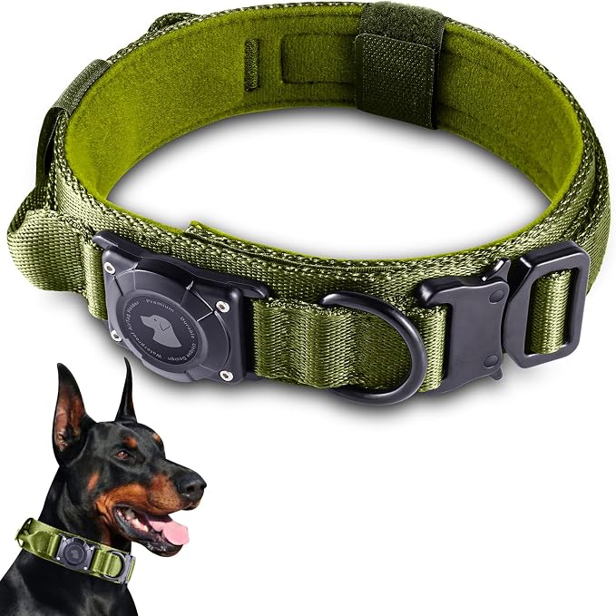 2026 Upgrade Waterproof Tactical AirTag Dog Collar, Built in AirTag Holder | Comfortable Control Handle, Quick Release Metal Buckle, Durable 1000D Nylon, For Medium to Large Dogs, Army Green, XL