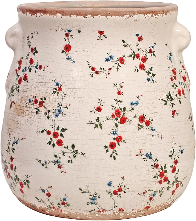 Shabby Chic Vase & Flower Pot with Drainage, 6.68" Ceramic Vases Pottery | Indoor/Outdoor Planter, Country Chic Decor, Perfect for Office Room Garden Balcony Mantel Fireplace Table & Shelf, Red Floral