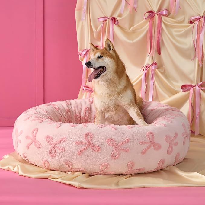 LE SURE Shown on TV Jacquard Donut Cute Small Dog Beds,Pink Taffy 27x27x8in | Orthopedic Calming Cat Sofa Indoor,Original Design Pattern,Washable Cover,Home Decor as Gift for Pet,Anti Slip Bottom