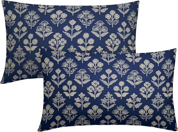 Dark Blue Pillow Covers 12x20 Inch Set of 2, Cream Floral Block Print Pattern Lumbar Decorative Throw Pillowcases Outdoor Farmhouse Rectangle Cushion Covers Spring Summer Sofa Couch Bed Decor