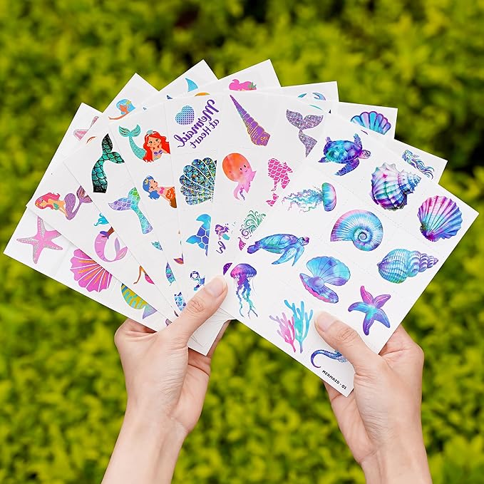 96 PCS Mermaid Ocean Sea Pre-Cut Temporary Tattoos for Kids | Super Cute Themed Birthday Party Favors, Supplies, Decorations, Purple Fake Tattoo Stickers (Multiple)