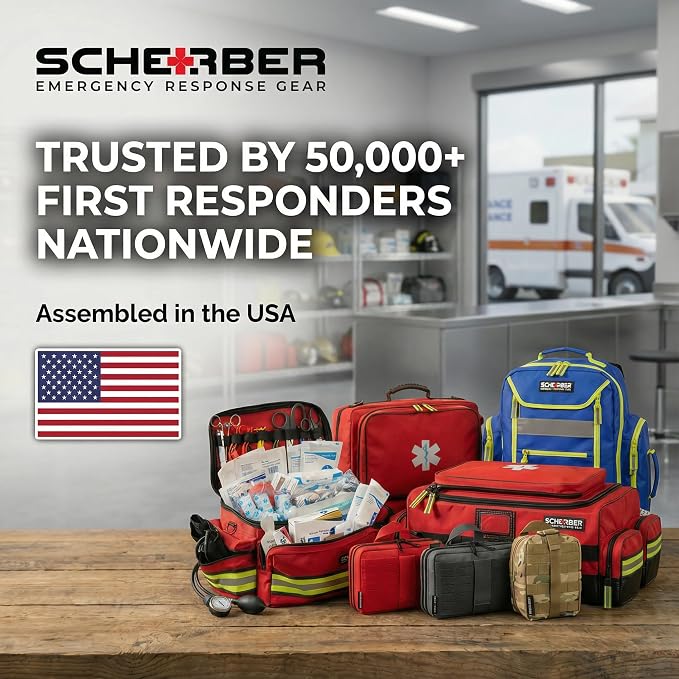 Scherber First Responder Fully-Stocked Large Professional Essentials EMT/EMS Trauma Kit | HSA/FSA Approved | Reflective Bag w/8 Zippered Pockets & Compartments & 250+ First Aid Supplies (Red)