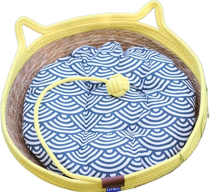 VIVIKIT Natural Cattail Cat Bed for Indoor Cats, 18.1" x 4.7"（Yellow） | Natural cattail, cotton trim, all season, scratch-proof, teaser ball, removable washable pad, for cats & dogs up to 22 lbs