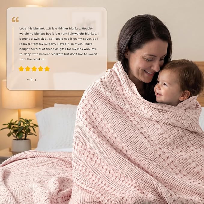 PHF 100% Cotton Waffle Weave Blanket King Size, Lightweight Breathable Summer Blanket for Hot Sleepers, Pre-Washed Soft Layer for Bed, Couch, Home Decor Gift, 108"x90", Pink/Mauve