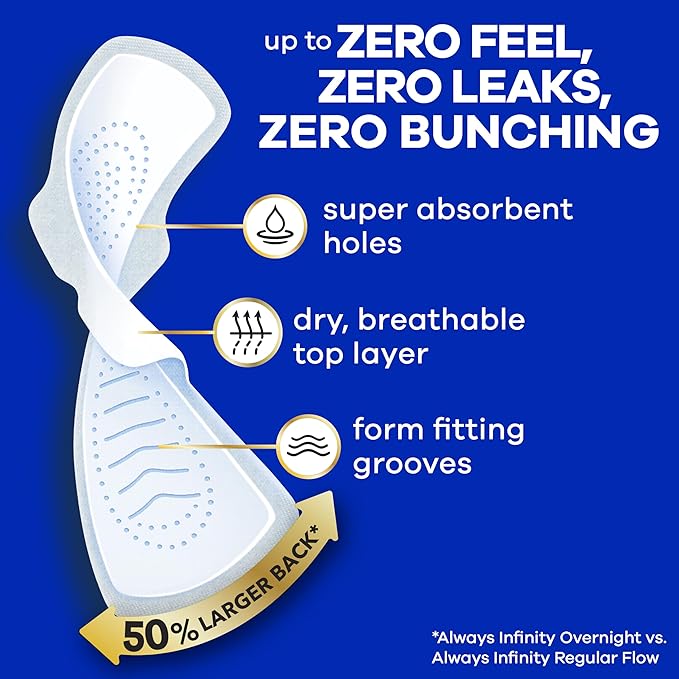 Always Infinity Feminine Pads for Women, Flexfoam Pads with Wings, Size 4, Overnight Absorbency, Unscented, 78 Count (3 Packs of 26)