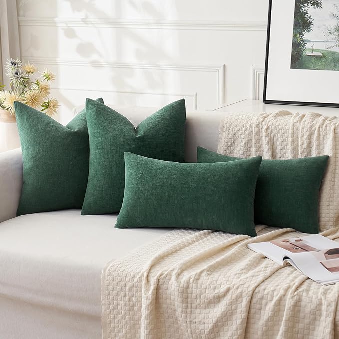 MIULEE Dark Green Chenille Couch Euro Throw Pillow Covers, 22x22 | Set of 2, Soft Modern Farmhouse Style, Decorative Pillowcases for Sofa Living Room Bed, Home Decor