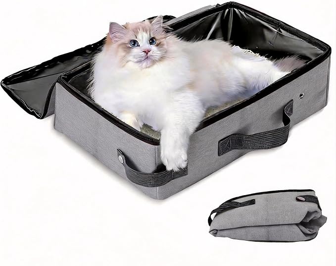 Foldable Travel Litter Box for Cats, 15.75 * 11.82 * 3.94 inch Portable Cat Litter Box with Zipper Lid, Leakproof & Easy to take, Cat Essentials for Outdoor Traveling & Camping & Long Car Ride - Grey