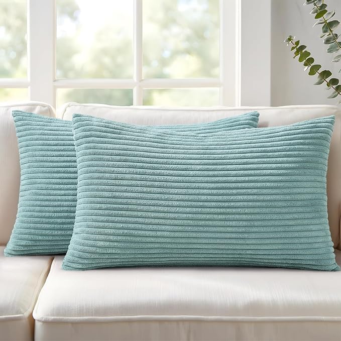 Mecatny Corduroy Decorative Throw Pillow Covers 12x20 Set of 2 Aqua | Soft Striped Texture, Hidden Zipper Design, Neutral Boho Lumbar Pillow Cases for Sofa Couch Living Room Bedroom, Home Décor