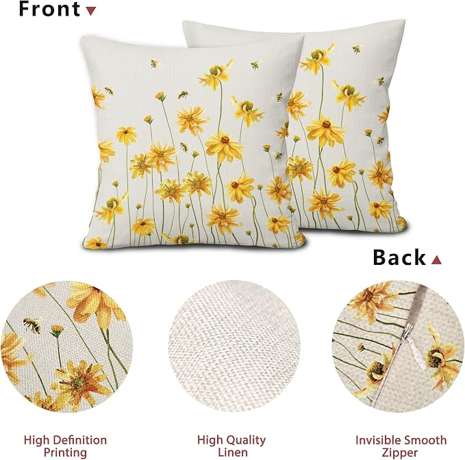 Spring Summer Floral Pillow Covers 18X18 Inch Set of 2 Coreopsis Daisy Yellow Flowers Bee Decorative Pillow Cases Farmhouse Seasonal Cushion Case Farmhouse Home Decor for Sofa Couch Bedroom Outdoor